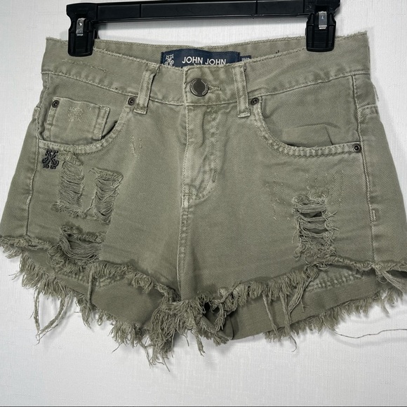 John John Olive Green Distressed Raw Hem Shorts - Picture 1 of 16